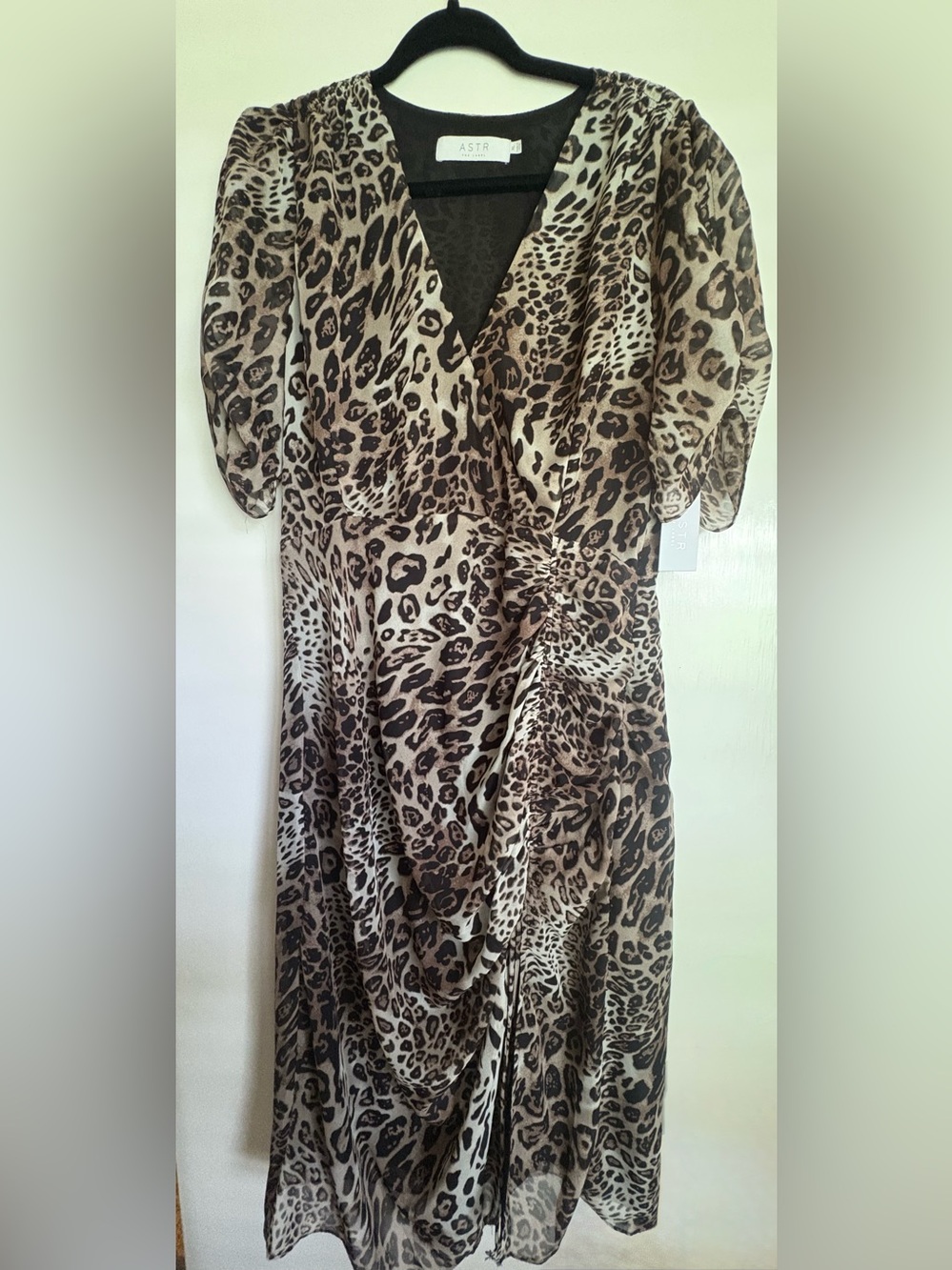 Astr Leopard-Print Wrap Tunic in Beige and Brown